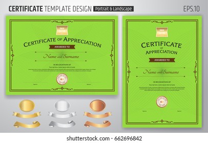 Set of certificate of appreciation template with award ribbon on abstract guilloche background with vintage border style