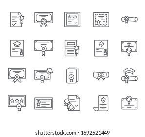 Set of certificate diploma Related Vector Line Icons. Includes such Icons as award, certificate, University, license, document and more.