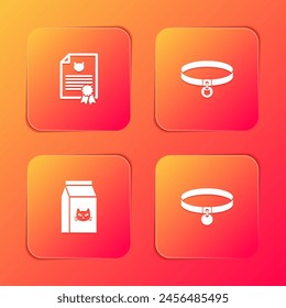 Set Certificate for dog or cat, Cat collar, Bag of food and Collar icon. Vector