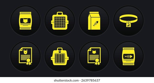Set Certificate for dog or cat, Dog collar, Pet carry case, , Bag of food and  icon. Vector