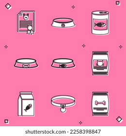 Set Certificate for dog or cat, Pet food bowl, Canned, ,  and Bag of icon. Vector