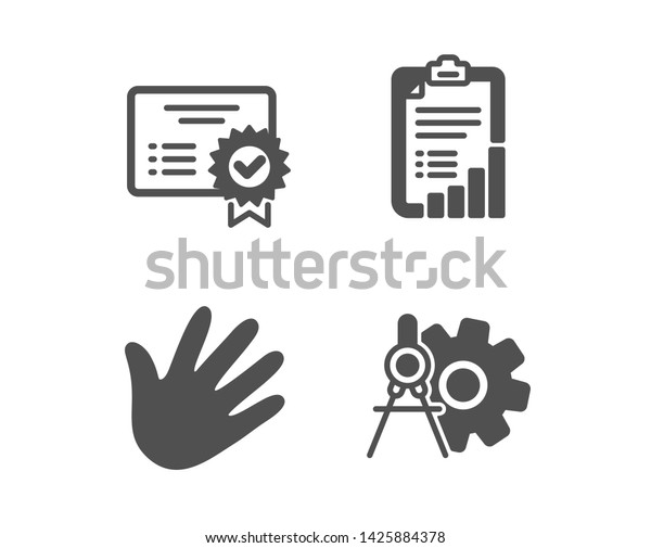 Set of Certificate,\
Hand and Checklist icons. Cogwheel dividers sign. Verified\
document, Swipe, Graph report. Settings.  Classic design\
certificate icon. Flat design.\
Vector