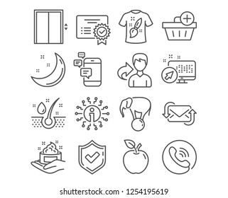 Set of Certificate, Lift and Communication icons. T-shirt design, Add purchase and Serum oil signs. Elephant on ball, Refresh mail and Skin care symbols. Vector