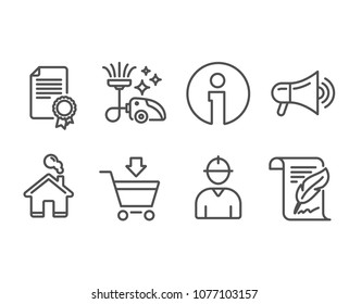 Set of Certificate, Megaphone and Vacuum cleaner icons. Online market, Engineer and Feather signs. Diploma, Advertisement, Vacuum-clean. Shopping cart, Worker profile, Copyright page. Vector