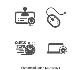 Set of Certificate, Quick tips and Computer mouse icons. Notebook service sign. Best employee, Helpful tricks, Pc device. Computer repair.  Classic design certificate icon. Flat design. Vector