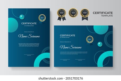 Set certificate template with blue green geometric dynamic and futuristic polygonal color and modern background. Blue certificate design in professional style.