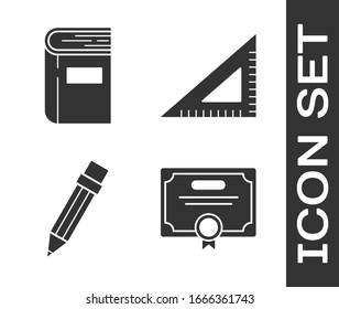 Establecer plantilla de certificado, libro, lápiz con icono de borrador y regla triangular. Vector
