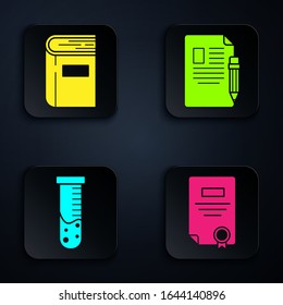 Set Certificate template, Book, Test tube and flask chemical laboratory and Exam sheet and pencil with eraser. Black square button. Vector