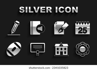 Set Certificate template, Calendar, Atom, School building, American Football ball, Exam sheet and pencil, Pencil with eraser and Audio book icon. Vector