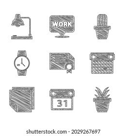 Set Certificate template, Calendar, Plant in pot, Post note stickers, Wrist watch, Cactus and succulent and Table lamp icon. Vector