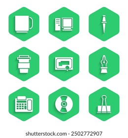 Set Certificate template, CD or DVD disk, Binder clip, Fountain pen nib, Telephone, Coffee cup to go, Push pin and  icon. Vector