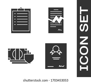 Set Certificate Template, Clipboard With Checklist, Money With Shield And Torn Contract Icon. Vector