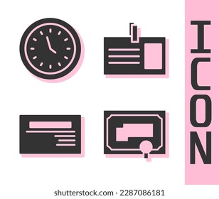 Set Certificate template, Clock, Business card and Identification badge icon. Vector