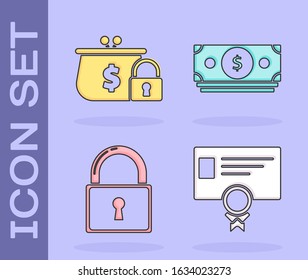 Set Certificate template, Closed wallet with lock, Lock and Stacks paper money cash icon. Vector