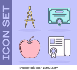 Set Certificate template, Drawing compass, Apple and Certificate template icon. Vector