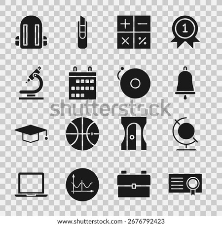Set Certificate template, Earth globe, Ringing bell, Calculator, Calendar, Microscope, School backpack and alarm icon. Vector