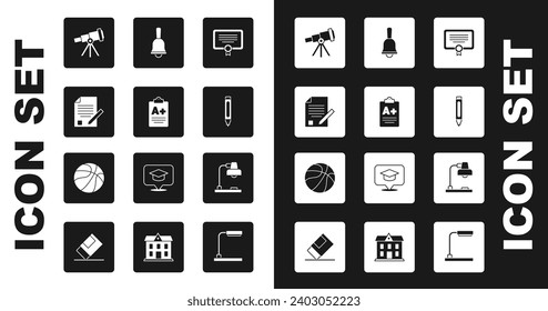 Set Certificate template, Exam sheet with A plus grade, and pencil, Telescope, Marker, Ringing bell, Table lamp and Basketball ball icon. Vector