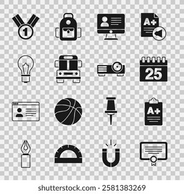 Set Certificate template, Exam sheet with A plus grade, Calendar, Online class, School Bus, Light bulb idea, Medal and Movie, film, media projector icon. Vector