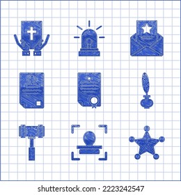 Set Certificate Template, Face Recognition, Hexagram Sheriff, Feather And Inkwell, Judge Gavel, Identification Badge, The Arrest Warrant And Oath Holy Bible Icon. Vector