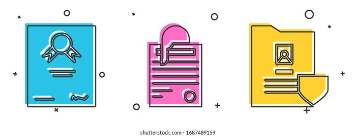 Set Certificate template, File document and paper clip and Document with shield icon. Vector