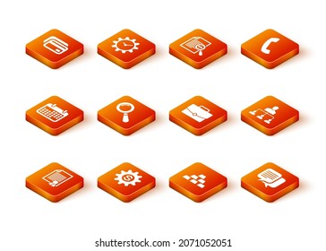 Establecer plantilla de certificado, Engranaje con símbolo en dólares, Calendario, Vidrio de ampliación, Barras de oro e icono de Maletín. Vector