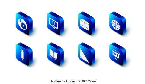 Set Certificate Template, Geometric figure Cylinder, XYZ Coordinate System, Chalkboard, Triangle Mathe, Open Book, Pencil und Subsets, ist Untersatz von Icon. Vektorgrafik