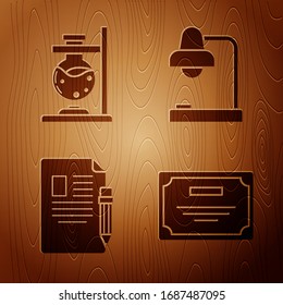 Set Certificate template, Glass test tube flask on fire, Exam sheet and pencil with eraser and Table lamp on wooden background. Vector
