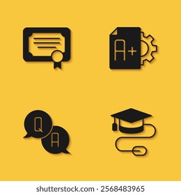 Set Certificate template, Graduation cap with mouse, Question and Answer and Exam sheet plus grade icon with long shadow. Vector