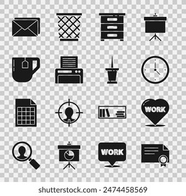 Set Certificate template, Heart with text work, Clock, Drawer documents, Printer, Cup of tea tea bag, Envelope and Push pin icon. Vector