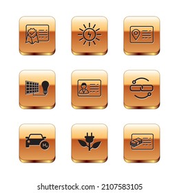 Set Certificate Template, Hydrogen Car, Electric Saving Plug In Leaf, Identification Badge, Solar Energy Panel And Light Bulb, Address Book, Financial Document And  Icon. Vector