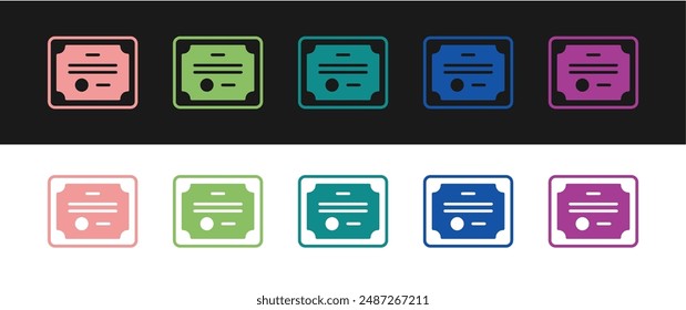 Set Certificate template icon isolated on black and white background. Achievement, award, degree, grant, diploma concepts.  Vector