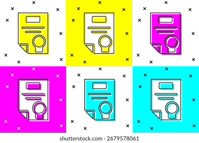 Definir ícone do modelo de certificado isolado no plano de fundo colorido. Realização, concessão, grau, bolsa, conceitos de diploma.  Ilustração de vetor
