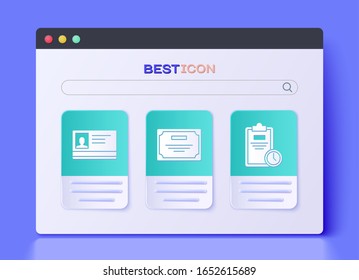 Set Certificate template, Identification badge and Exam sheet with clock icon. Vector