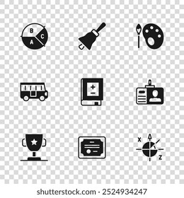 Set Certificate template, Identification badge, Trigonometric circle, Book with mathematics, Paint brush palette, Pie chart infographic, Ringing bell and School Bus icon. Vector