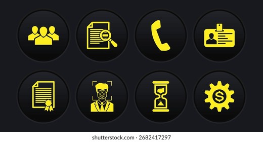 Establecer la Plantilla del certificado, insignia de la Identificación, reconocimiento facial, reloj de arena viejo, teléfono y documento con el icono de búsqueda. Vector