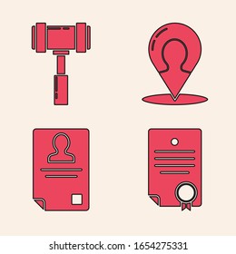 Set Certificate template, Judge gavel, Map marker with a silhouette of a person and Identification badge icon. Vector