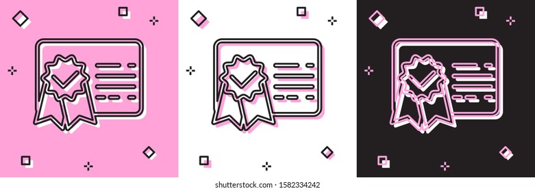 Set Certificate template line icon isolated on pink and white, black background. Achievement, award, degree, grant, diploma. Business success certificate.  Vector Illustration