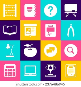 Set Certificate template, Magnifying glass, Drawing compass, Speech bubbles with Question, Projection screen, Open book, Abacus and Exam sheet plus grade icon. Vector