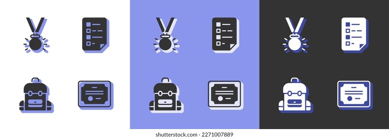 Set Certificate template, Medal, School backpack and Clipboard with checklist icon. Vector
