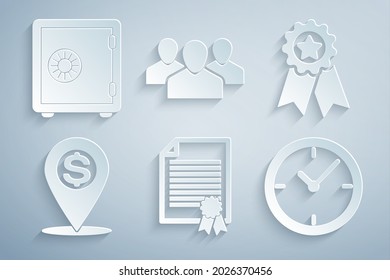 Set Certificate template, Medal with star, Cash location pin, Clock, Users group and Safe icon. Vector
