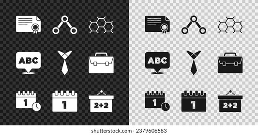 Establecer plantilla de certificado, molécula, fórmula química, fecha de primer septiembre de calendario, cuadro de diálogo, alfabeto e icono de vínculo. Vector