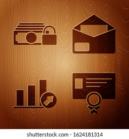 Set Certificate Template, Money With Lock, Presentation Financial With Graph, Schedule, Chart, Diagram, Infographic, Pie Graph And Envelope On Wooden Background. Vector