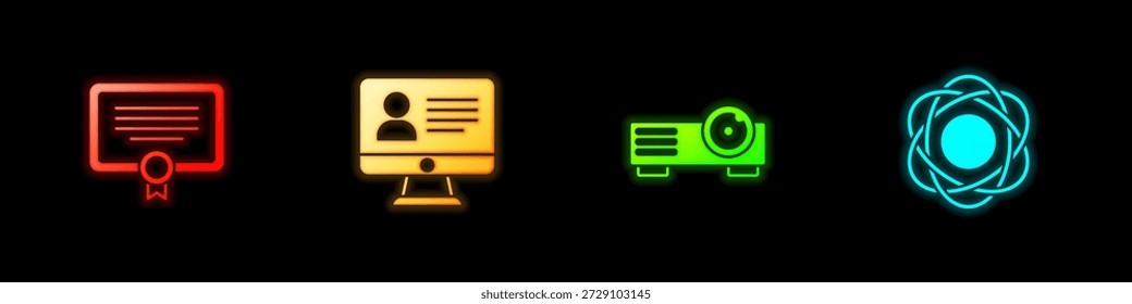 Definir modelo de certificado, classe Online, Filme, filme, projetor de mídia e ícone Atom. Vetor