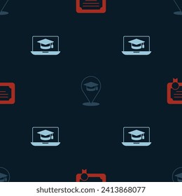 Set Certificate template, Online education and Graduation cap laptop on seamless pattern. Vector