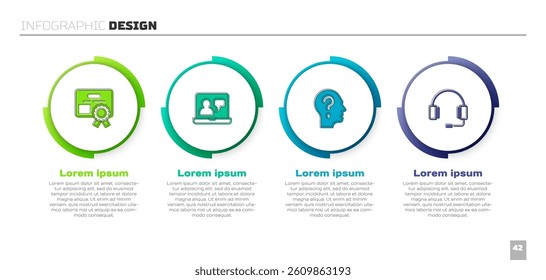 Set Certificate template, Online education, Head with question mark and Headphones. Business infographic template. Vector
