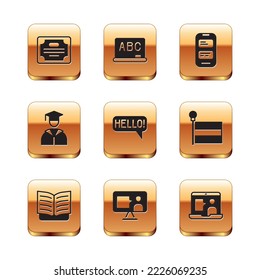 Set Certificate template, Open book, Foreign language online study, Hello different languages, Graduate and graduation cap, Online translator, and Chalkboard icon. Vector
