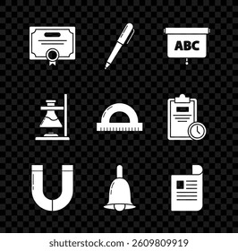 Set Certificate template, Pen, Chalkboard, Magnet, Ringing bell, Document, Glass test tube flask on fire and Protractor grid for measuring degrees icon. Vector
