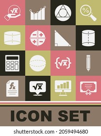 Establecer plantilla de certificado, lápiz, figura geométrica, matemáticas de triángulo, sistema de coordenadas XYZ, cilindro, raíz cuadrada de x glifo e icono. Vector