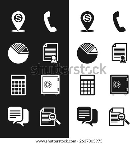 Set Certificate template, Pie chart infographic, Cash location pin, Telephone handset, Calculator and Safe icon. Vector