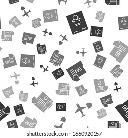 Set Certificate template, Plane with shield, Document with shield and Medical clipboard with clinical record on seamless pattern. Vector